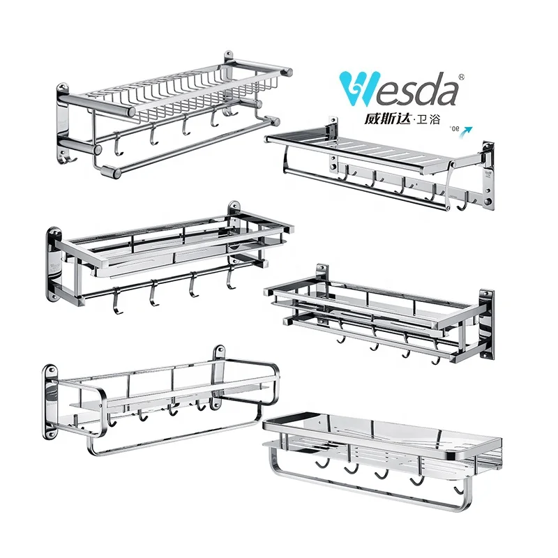 WESDA Wall Mount Shampoo Shower Caddy Coat Hooks Rack Towel Hanger Basket Towel Shelf for Bathroom Lavatory