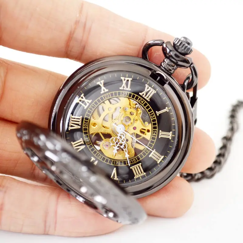 
black sublimation skeleton pocket watch mechanical 