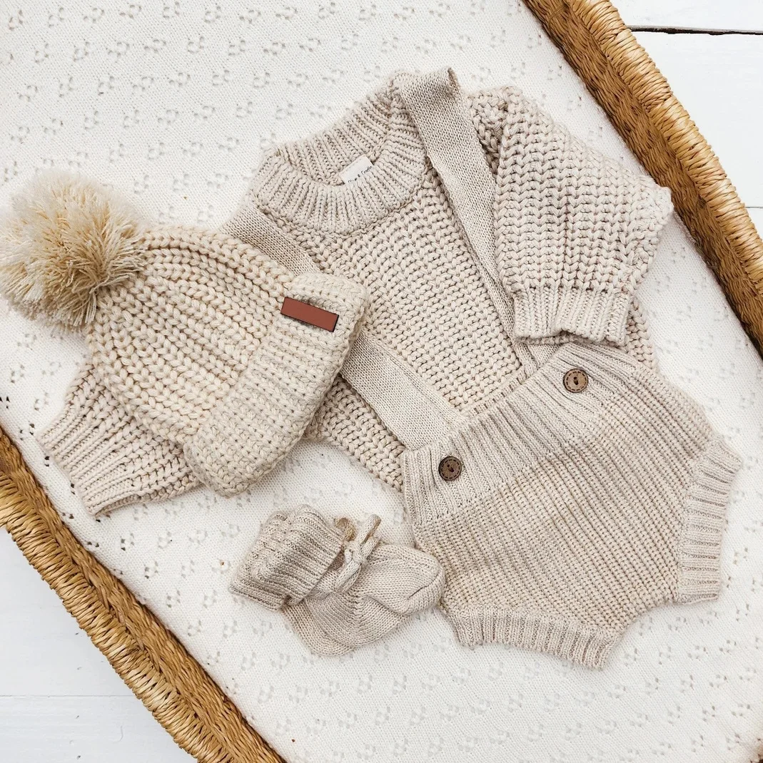 Baby Sweater and Suspenders Bloomer Cotton Chunky Matching Set Long Sleeve Newborn Casual Knit Outfit
