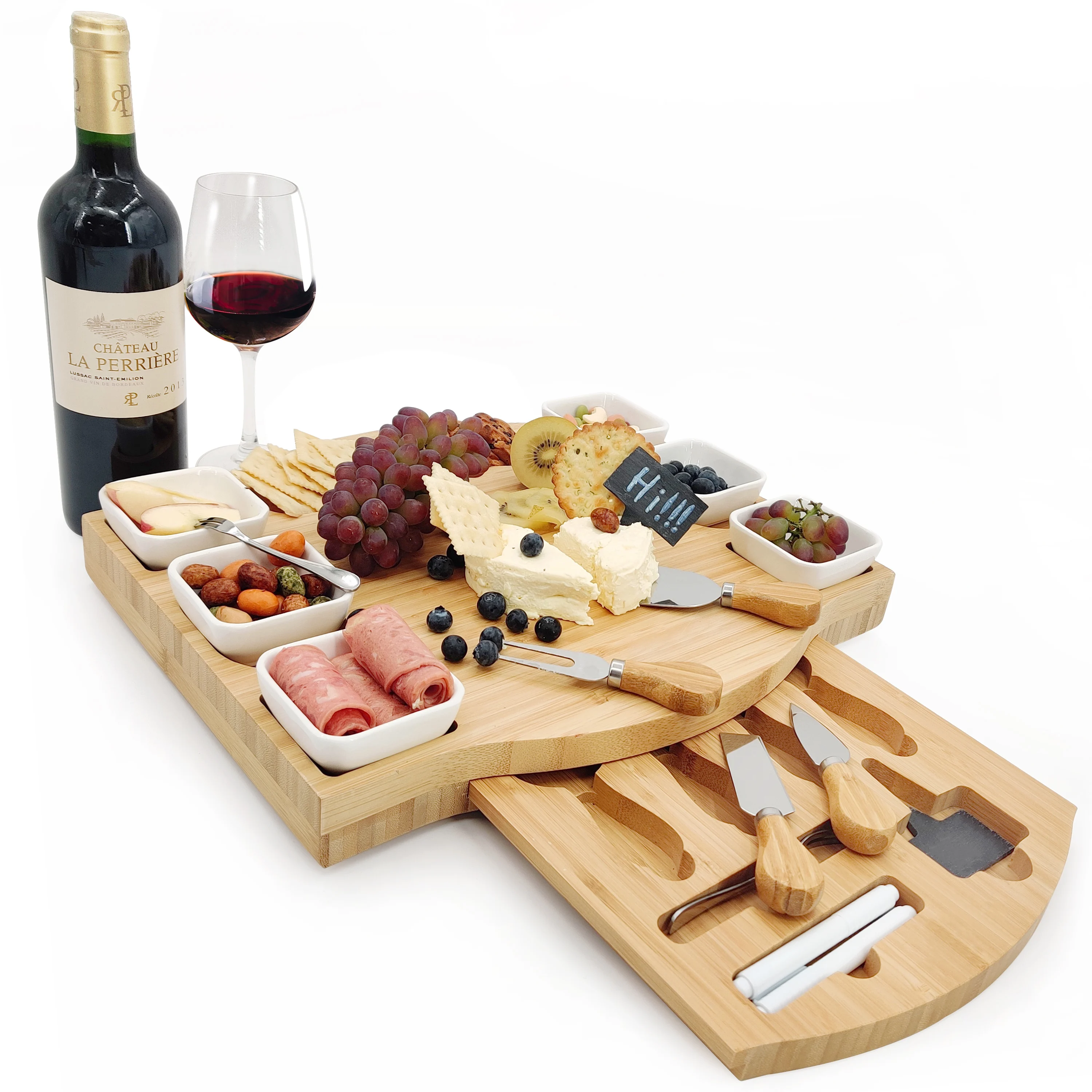 Bamboo Cheese Board Set Magnetic Slide-Out Drawers Charcuterie Plate Set With Ceramic Bowls And Cutlery Knife