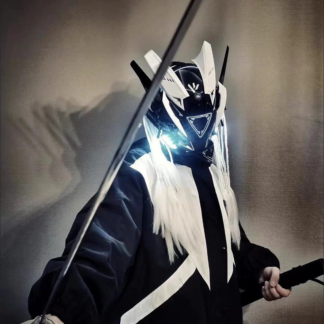 2023 New Product Design Party Masks Samurai Helmet Party Light Bar Halloween Carnival Full Face LED Cyberpunk Helmet