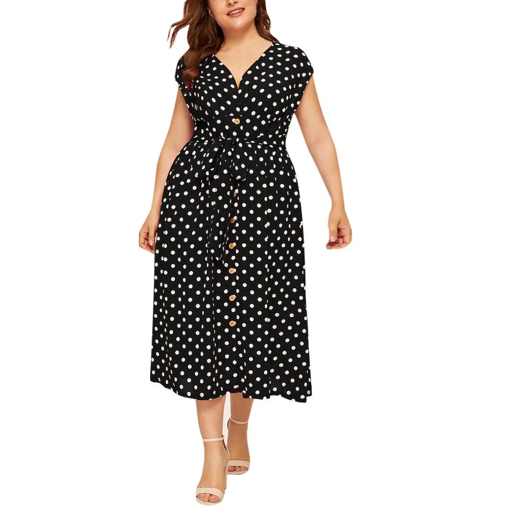 Plus Size Polka Dot Dress Summer Front Button Lace-Up Waist V-Neck Fat Women Dress Casual Loose Large Ladies Midi Dress