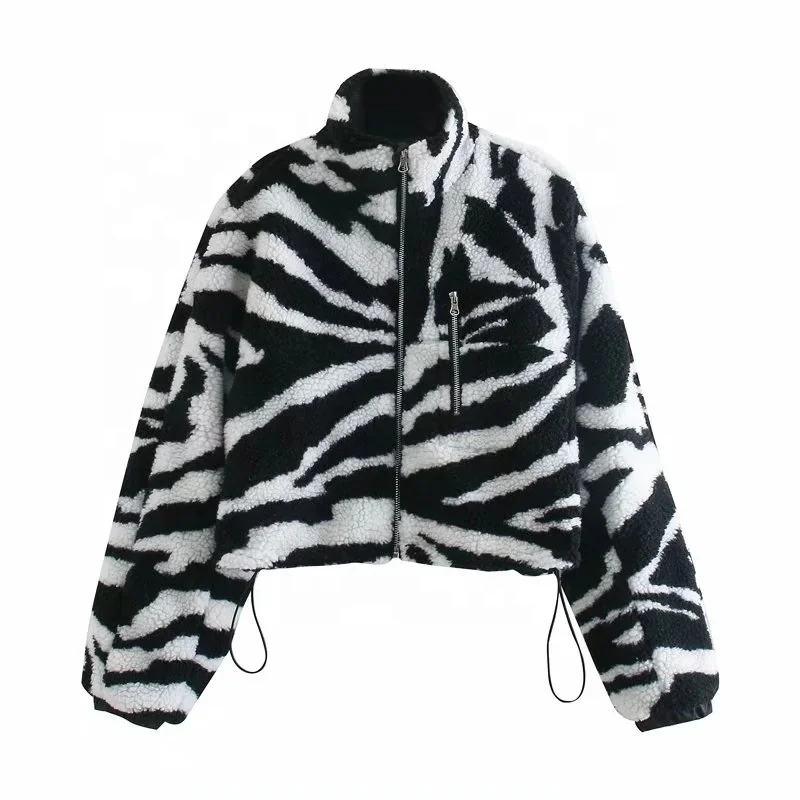 New Fashion Baby Lamb like Zipper Jackets Ladies Zebra-stripe Wool blended Top Winter Women Fur Coat