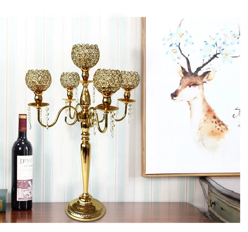 Gold Metal Crystal Candlesticks 5 Arms Crystal Candelabra For Tealight Candles Holders Classic Wedding Party Table Centerpieces