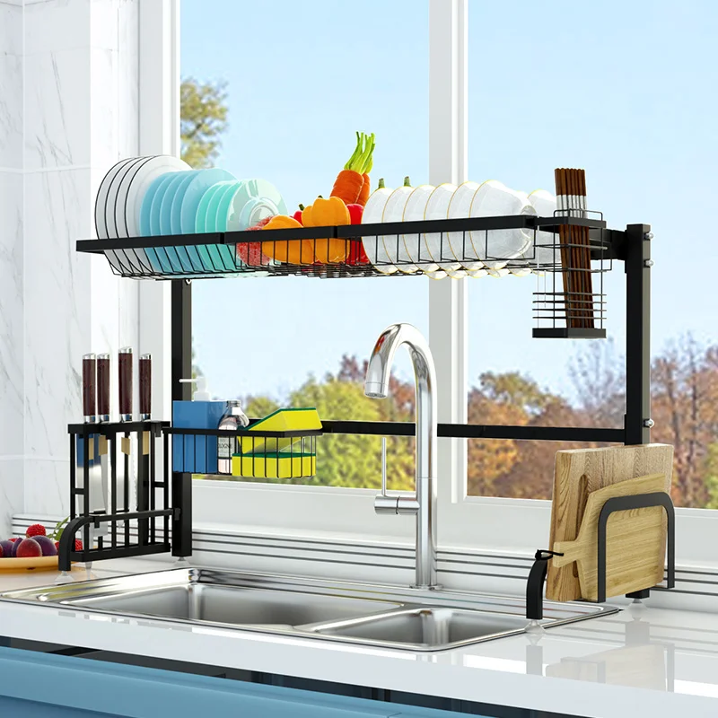 Хит продаж, многофункциональная Черная кухонная металлическая сушилка для раковины, сушилка для посуды