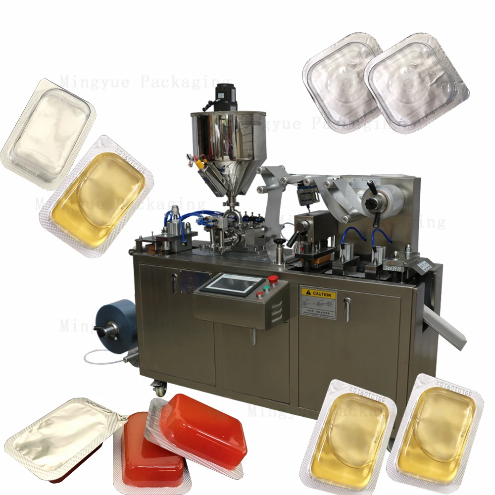 Automatic liquid blister packaging machine for hotel jam olive oil honey tomato sauce cup packing blister machine video