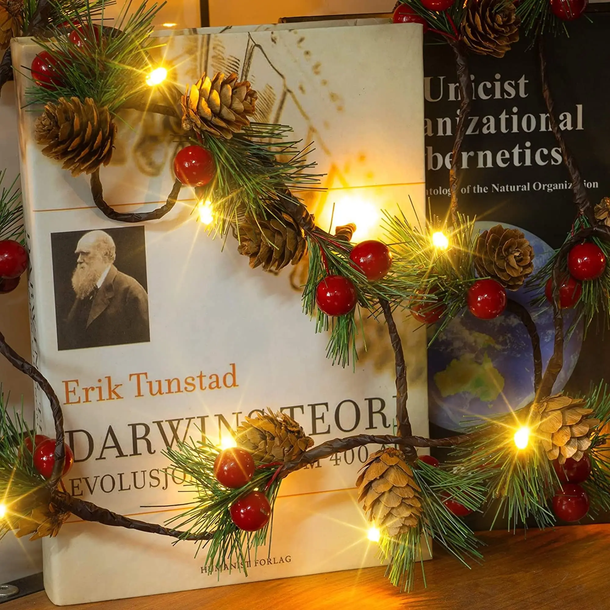 Christmas Wreath with Red Berries Pine Cones Fairy String Lights Suitable for Indoor and Outdoor Christmas Decoration