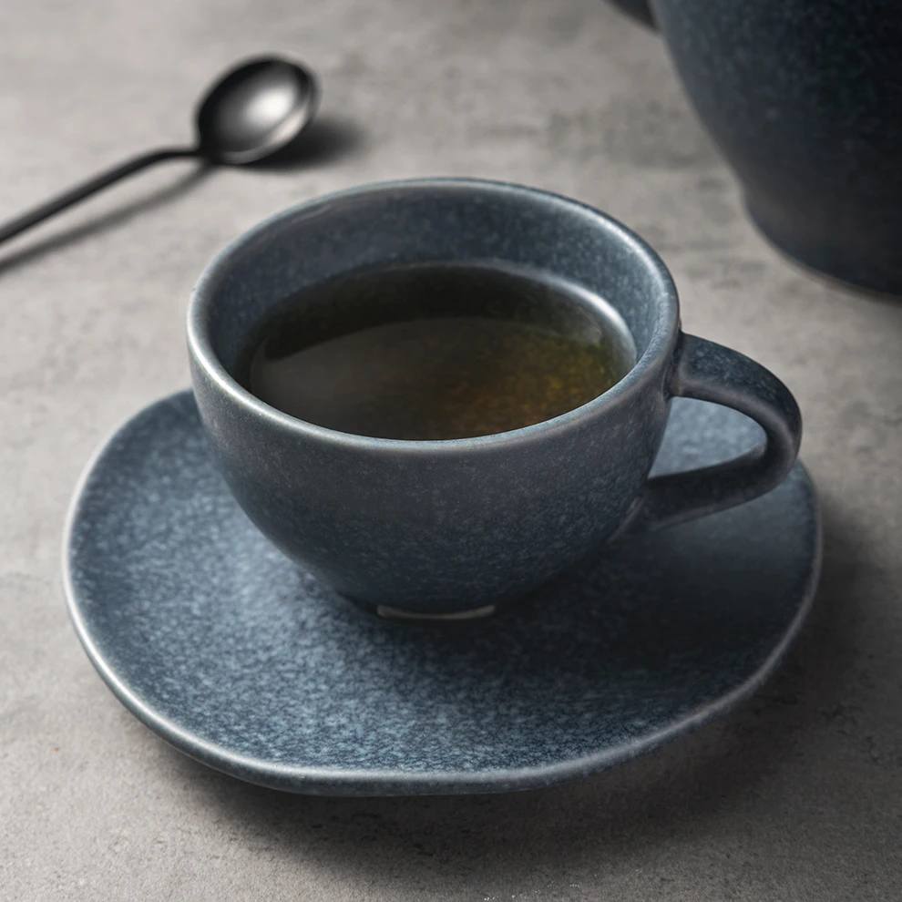 JiuJiuJu Wholesale Blue Speckled Porcelain Dots Cups Dinnerware Rustic Vajjila Coffee Mugs Pottoery Espresso Cup Set With