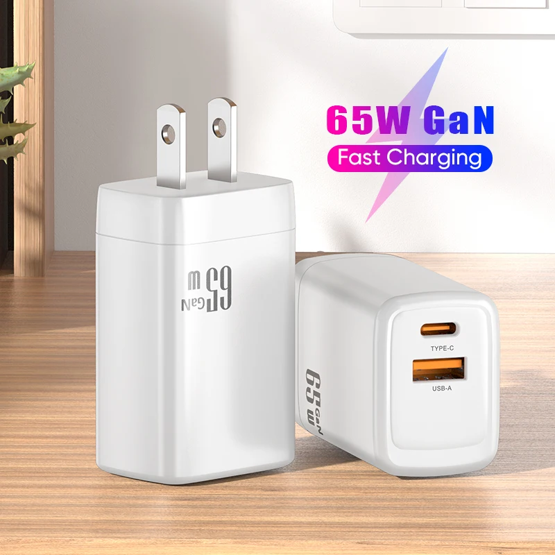 High power fast charging GaN two port output USB Type c mobile phones wall charger adapter GaN chip PD65W charger