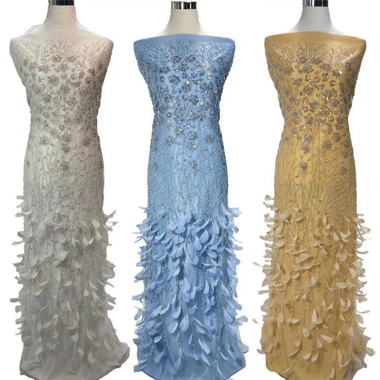 DS Factory Wholesale Feather Beads Sequin Embroidered Mesh Wedding Dress Fairy Dress Fabric