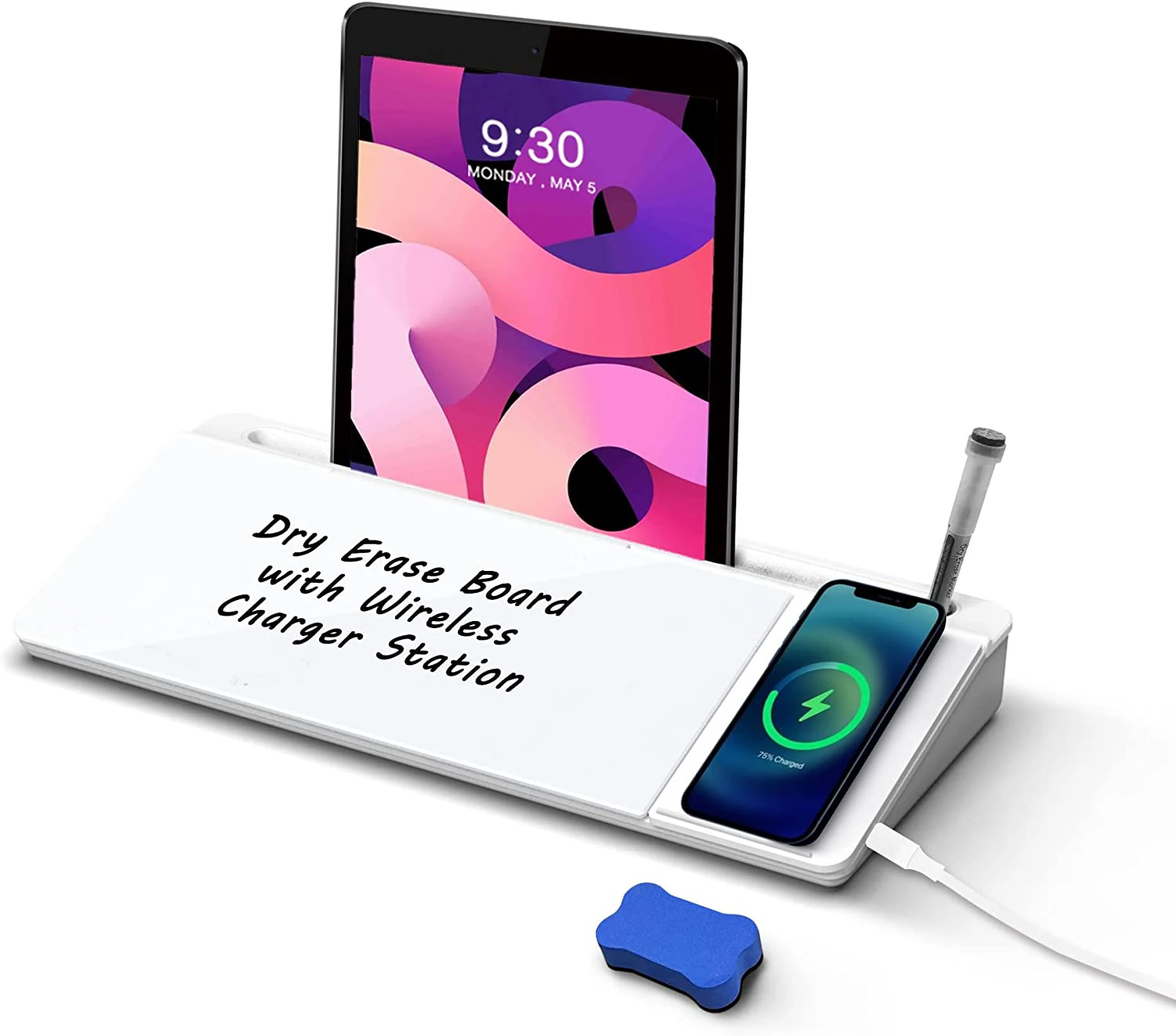 Desktop Glass Whiteboard with Wireless Charger  Dry Erase Computer Pad Keyboard Stand with Organizer