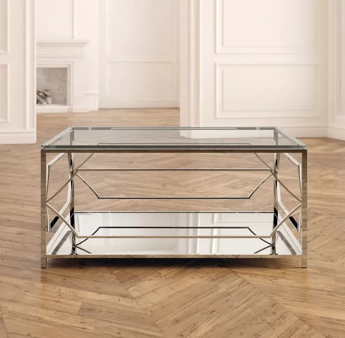 High Fashion Stainless Steel Living Room Center Table Tempered Glass Coffee Table With Storage In Gold or Silver