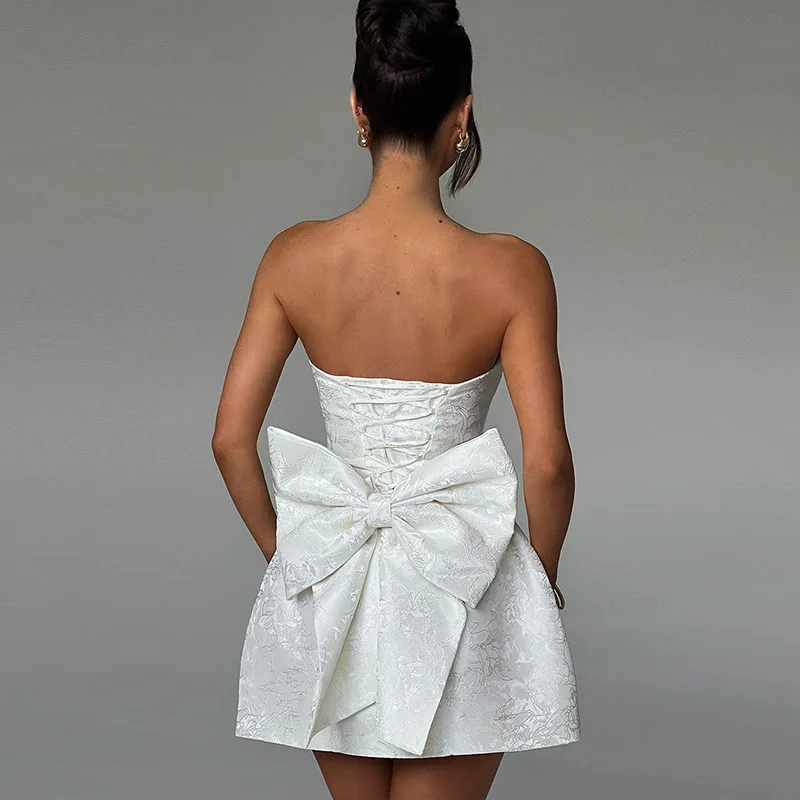 Elegant Jacquard Mini Party Cocktail Dress with Big Bow Tube Evening Clothing for Women
