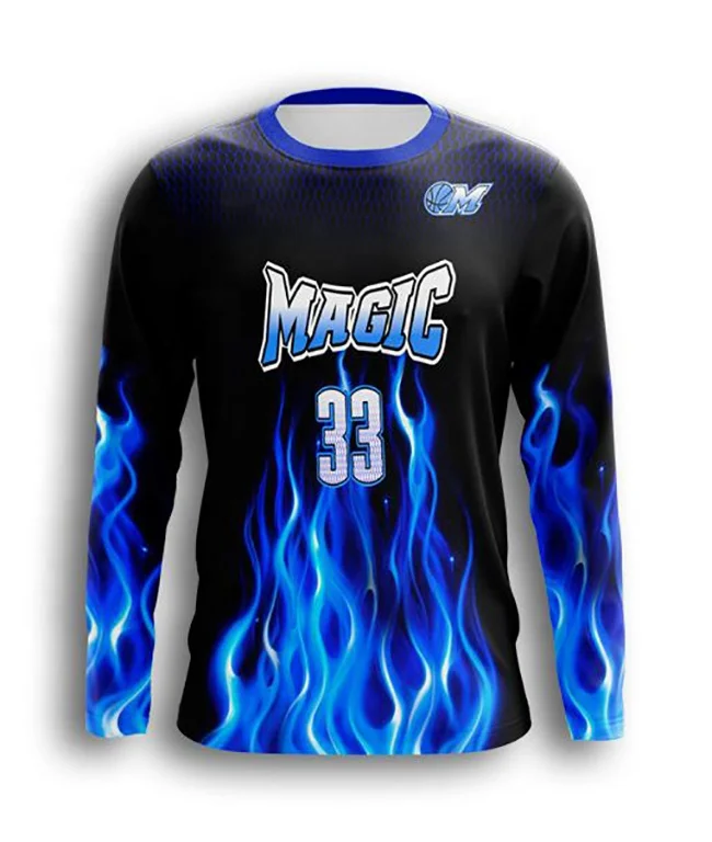 Best price Paypal acceptable custom high quality basketball Warm ups shooters tight fit long sleeves blue flame t shirt