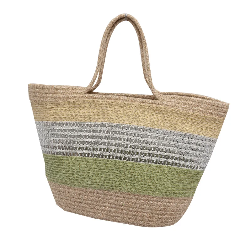 Camel color gold thread hemp gold braid handbag cotton rope storage basket casual fashion women beach bag