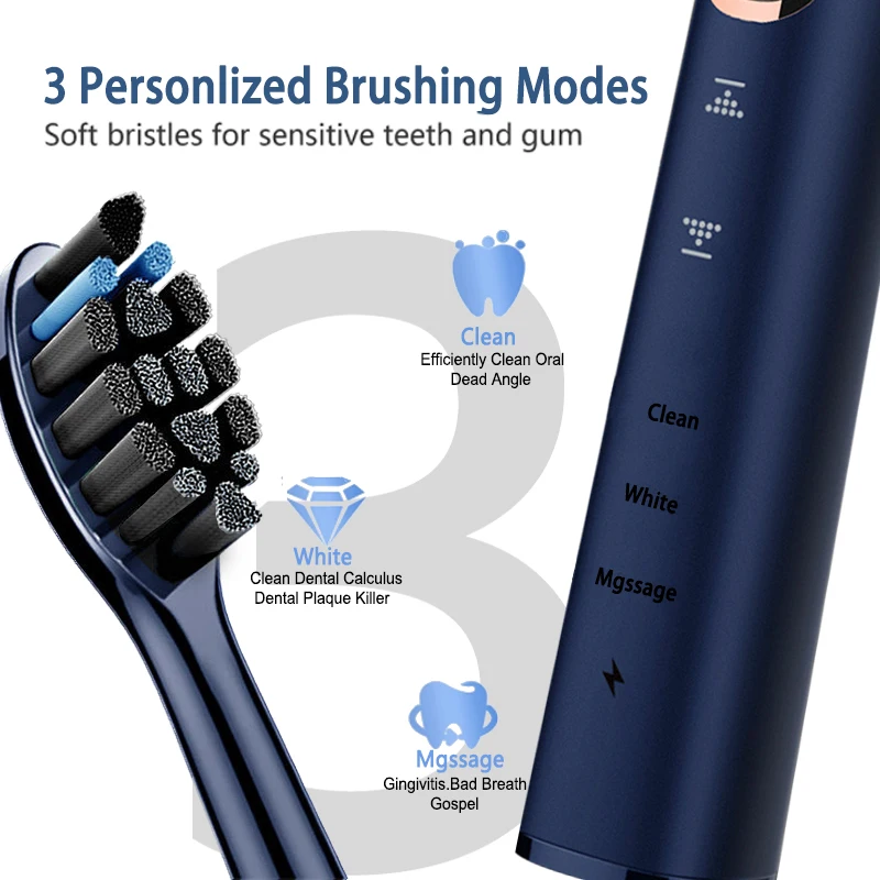 3D TouchSmart Adult Electric Toothbrush Set Wireless Charging Sonic Toothbrush 4 Brush Heads with Travel Case