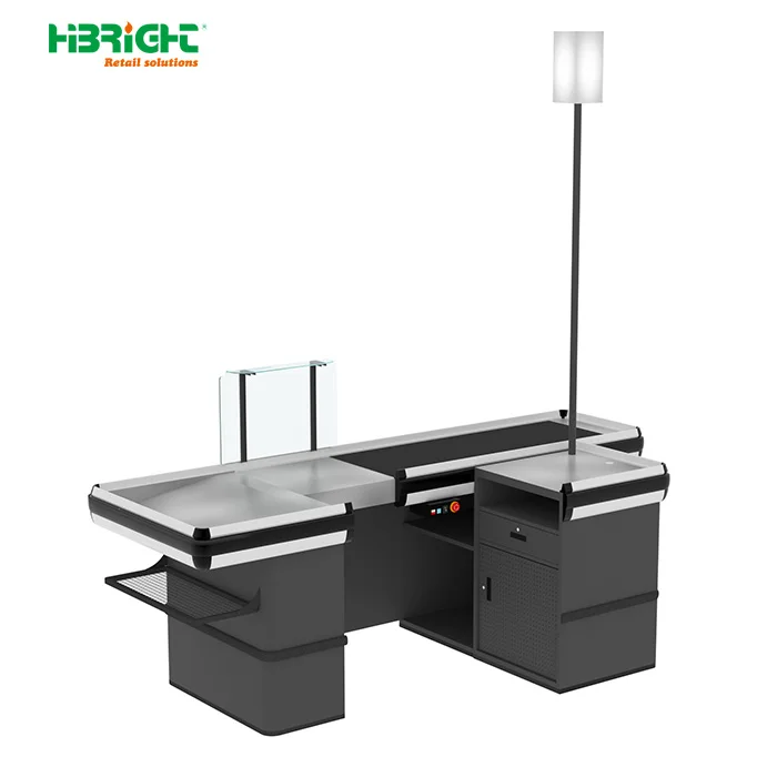 Highbright Retail Store Customized Supermarket Cashier Table Cash Desk Checkout Counter with Conveyor Belt