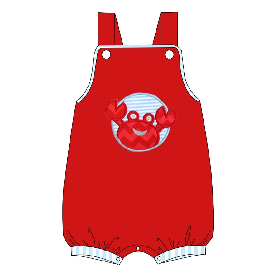 High Quality Kids Boys Red Top Summer Crab design Boutique children Outfit toddlers Applique summer smocked set
