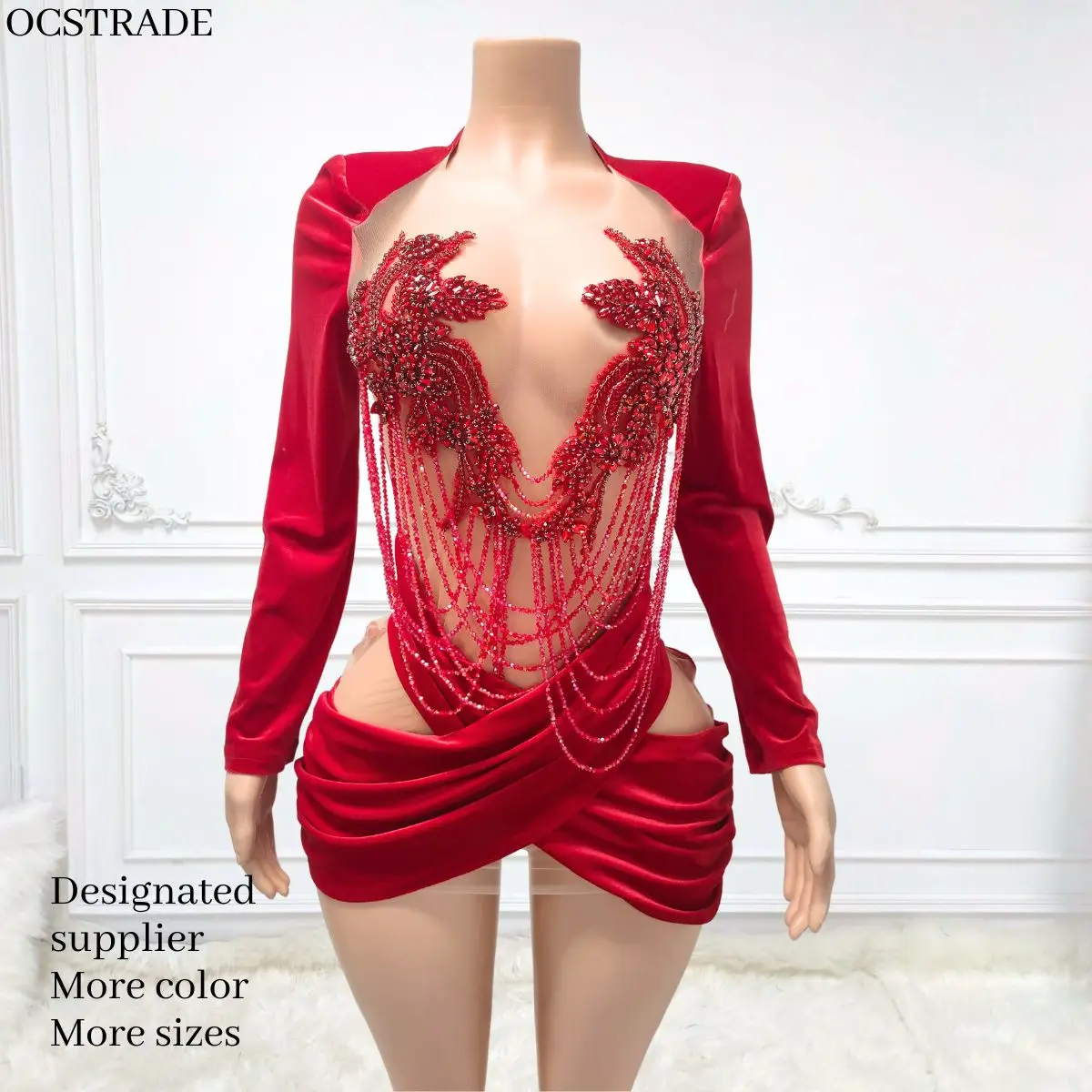 Ocstrade Ropa De Mujer Velvet Long Sleeve Rhinestone Min Birthday Dress Red Mesh See Through Elegant Evening Dress Club Party
