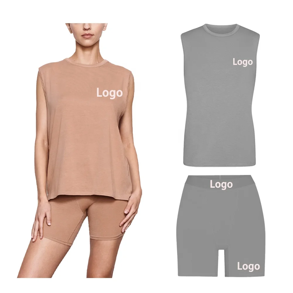 2022 New Women Clothing loungewear Custom Logo Bamboo Cotton Boyfriend Muscle Tank Top And Shorts Skims Two piece Lounge Wear