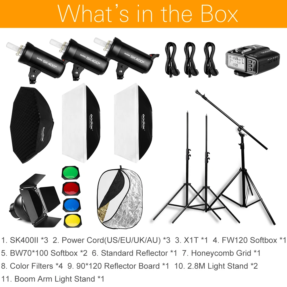1200W Godox SK400 II 3x 400W Photo Studio Flash Lighting + Softbox +Light Stand + Studio Boom Arm Top Light Stand