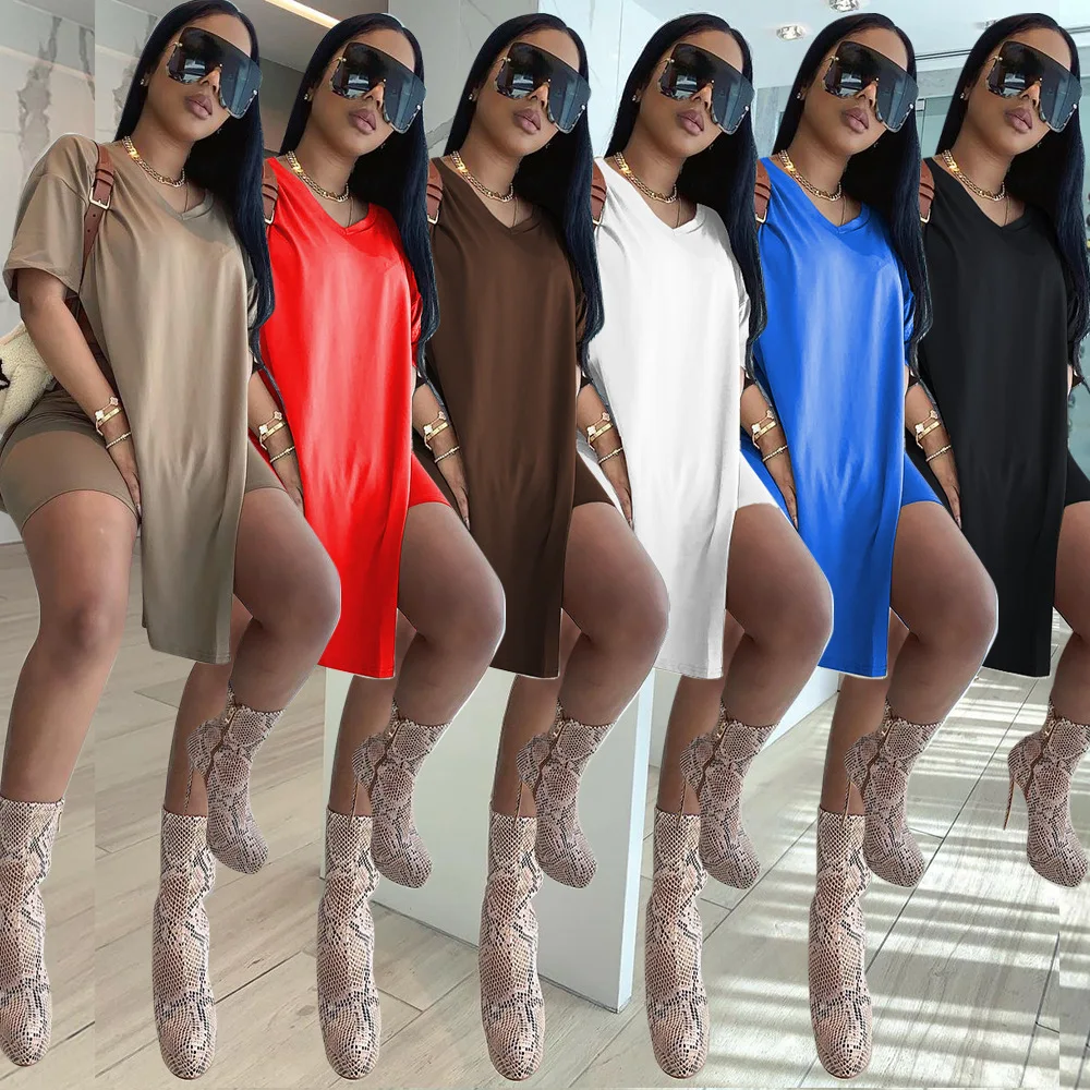 
New Arrival 2021 Casual Summer Women Two Piece Set Tops Women Slit Sexy Mini Casual V-neck T-shirt Two Piece Skirt Set 