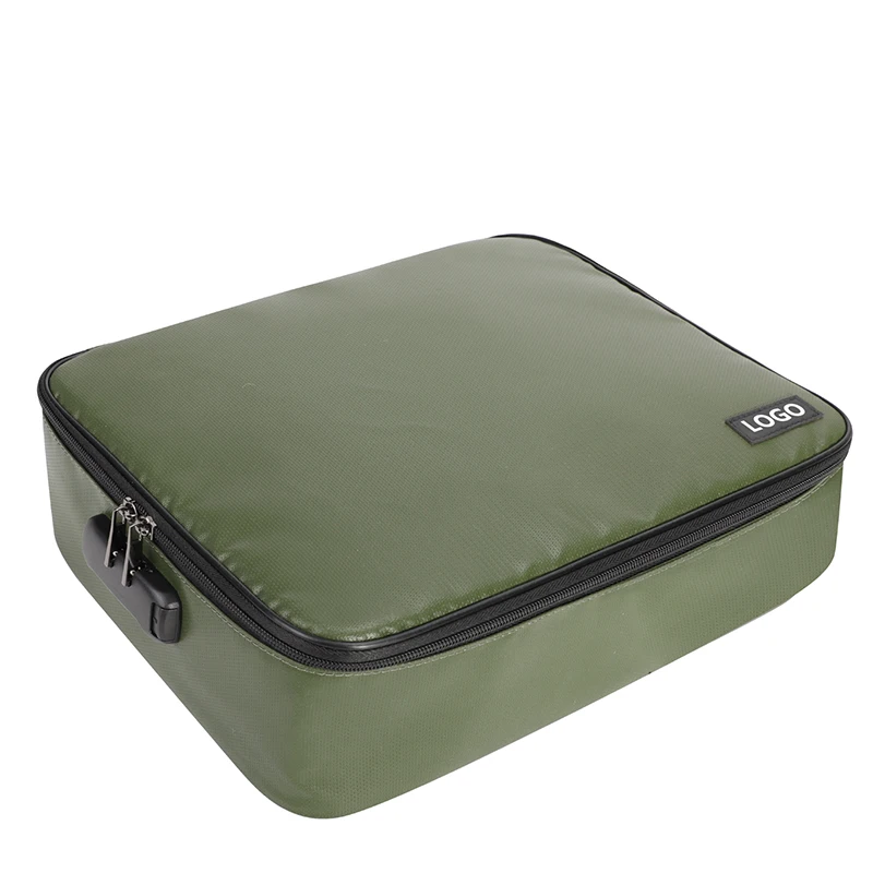 Custom Logo Multi-Layer Portable ArmyGreen Waterproof Fireproof Safe Document Bag Box Document Organizer with Lock