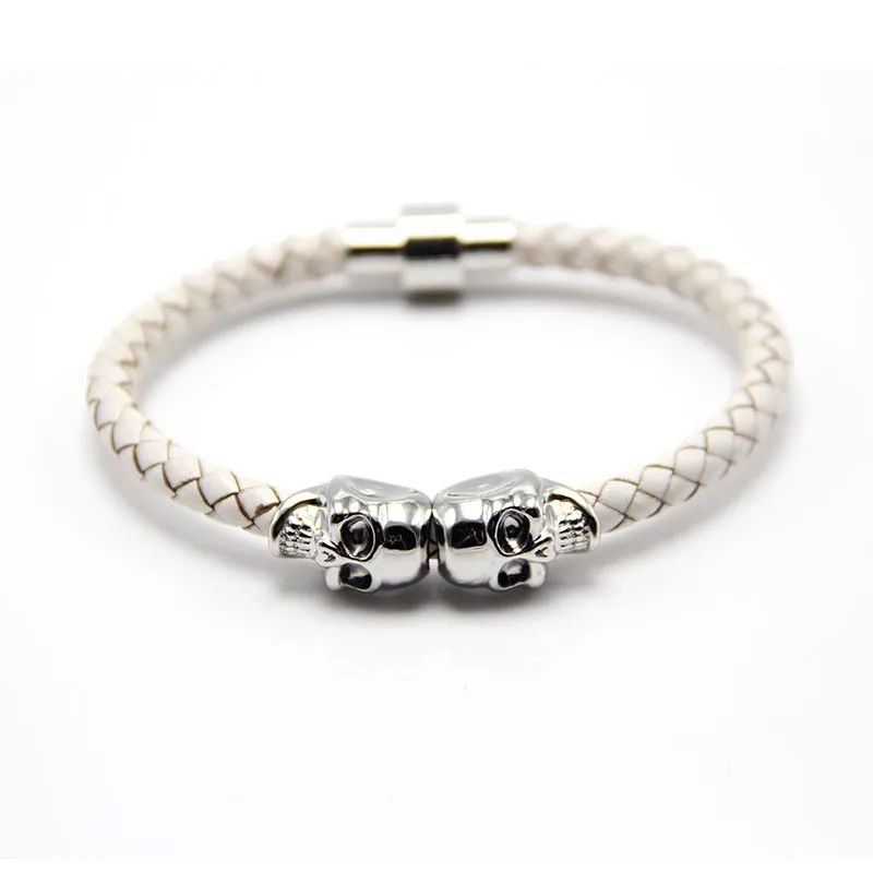 Cowhide Punk Skull Head Braided New Design Magnetic Buckle Jewelry Mens Genuine Leather Man Bracelet Bangle