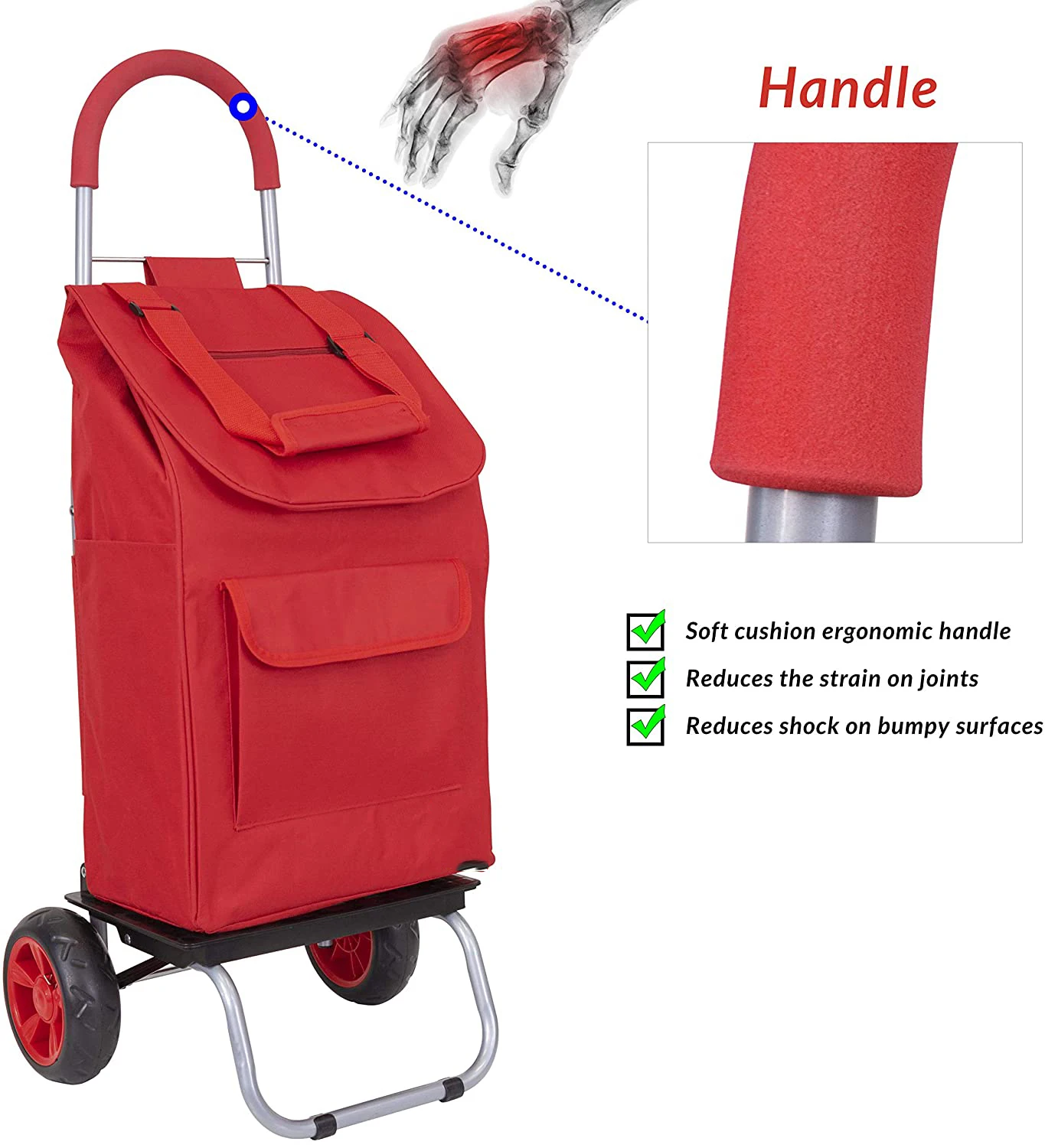Trolley Red Foldable Shopping cart for Groceries with Wheels and Removable Bag and Rolling Personal Handtruck Standard Dolly