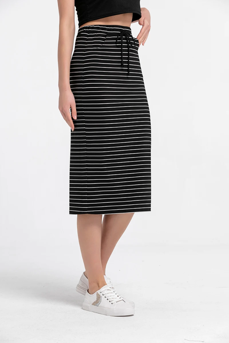 Женская юбка-карандаш до колен, эластичная длинная юбка в полоску со средней талией и шнуровкой