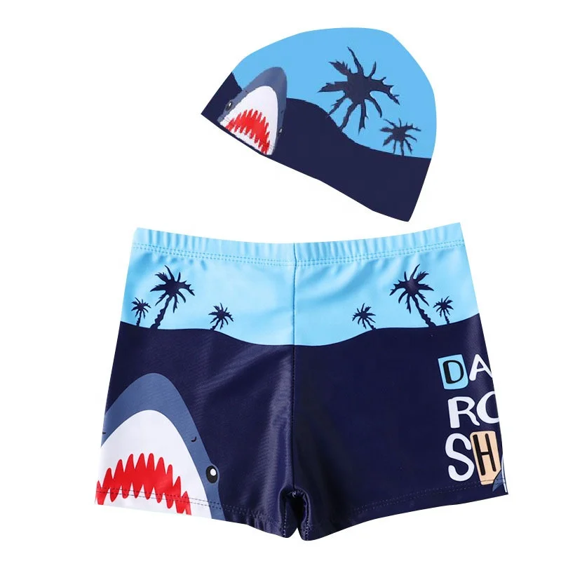 2021 Carton Dinosaur Shark Beach Swim Trunks Set Kids Swimsuit Toddler Baby Boys Swimwear With Cap Hat