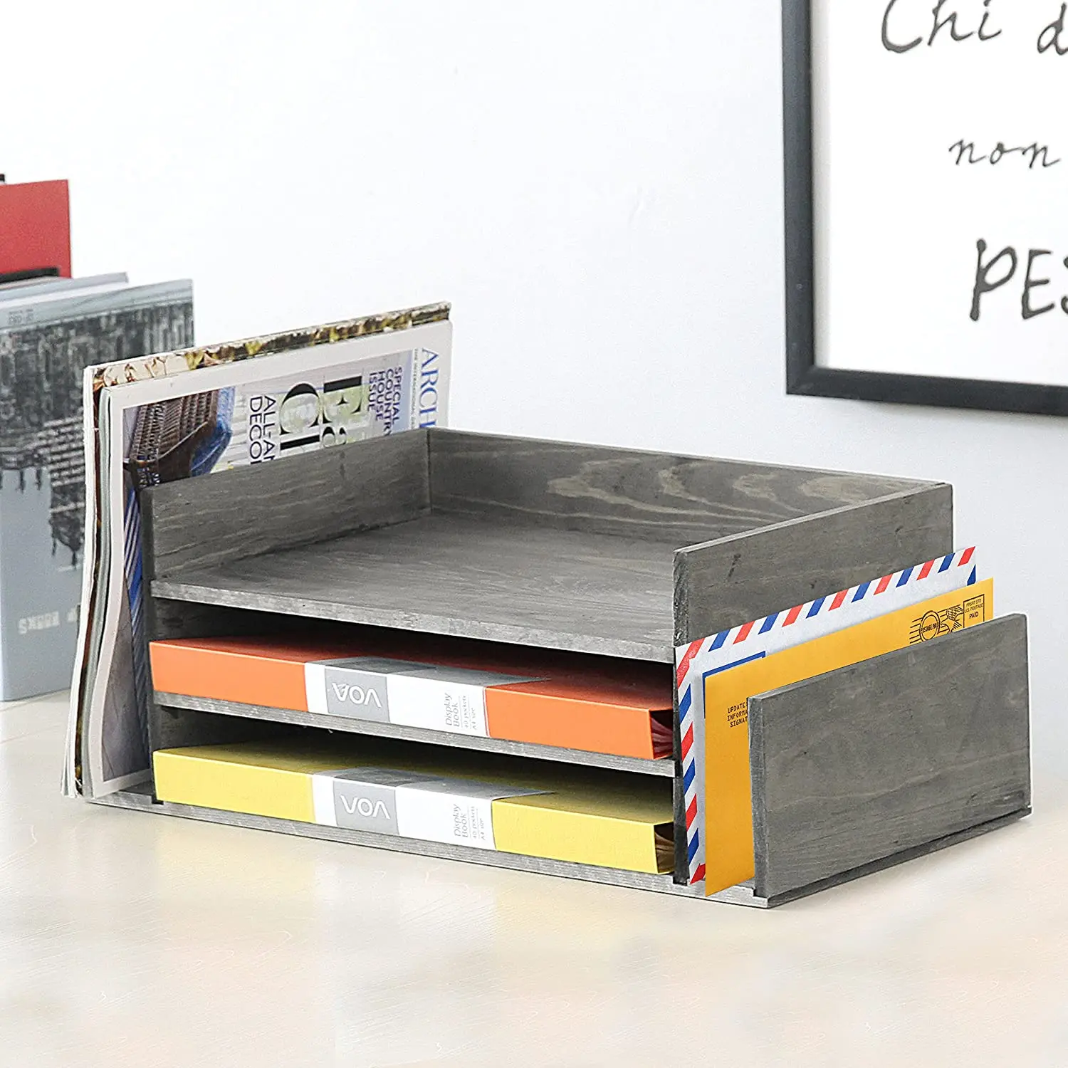 Weathered gray wood 3-layer office desktop file tray and mail classification rack storage rack