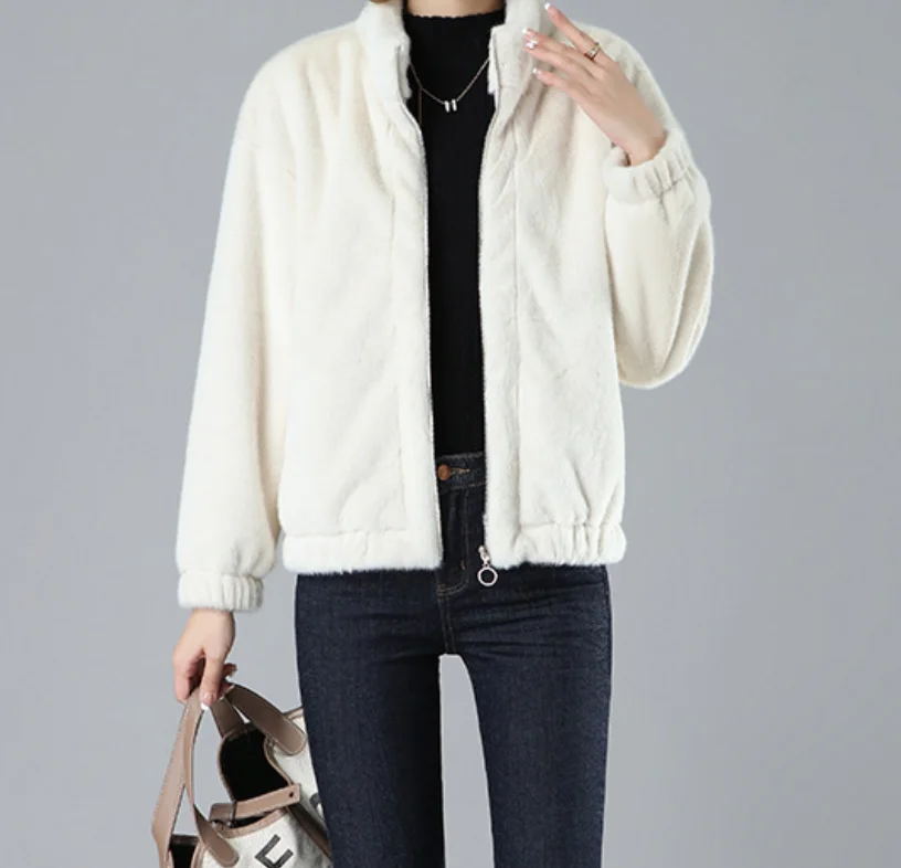 Custom logo Winter thickened Faux Rabbit Fur Coat Women  Korean Loose Plush Long Sleeve Jacket Mink Fur Coat For Ladies