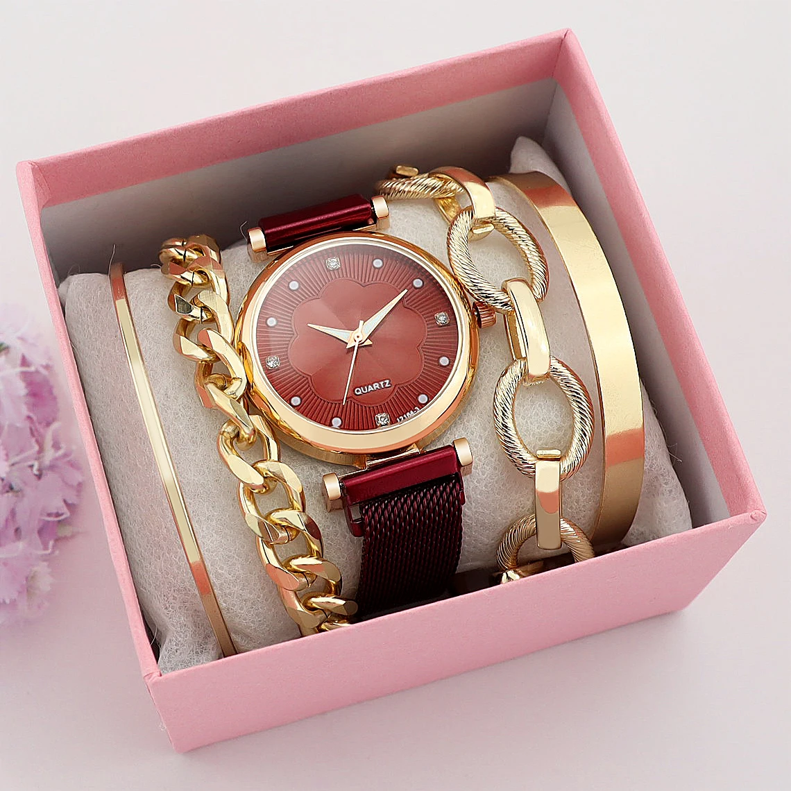 2022 New Women ladies Fashion Luxury Quartz Magnet Buckle Watch Bracelet 5 Set Wristwatch with Gift Boxes