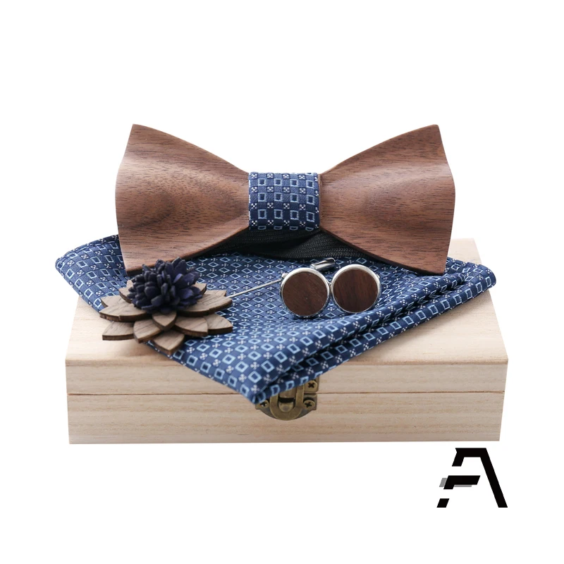 Mens Wood Bowtie Handkerchief Cufflinks Lapel Pin Set For Wedding