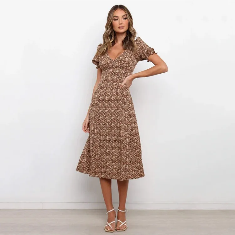 OEM Dress Manufacturer Private Label Custom Puff Sleeve Floral Print High Waist Casual Midi Women Dress