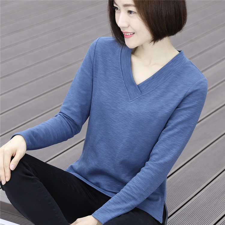 
Modern Design Fashion Casual Long T-Shirts With Printing Long Sleeve T Shirt Cotton V-Neck Women T Shirt 