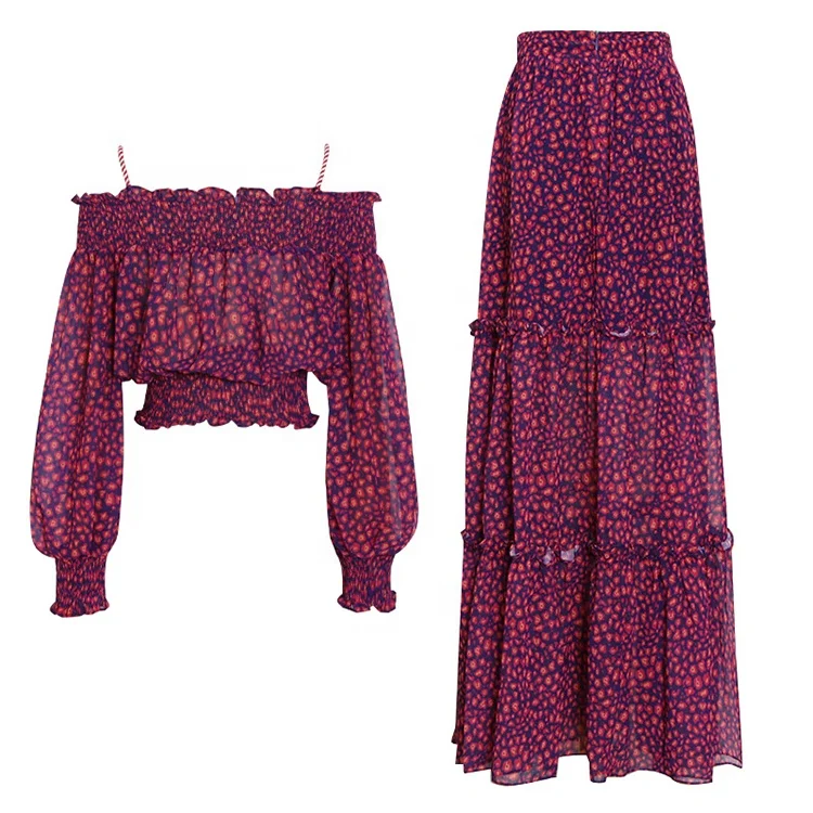 2022 Summer Korean Polka Dot Skirt Suit One-Shoulder Lantern Sleeve Chiffon Shirt and High Waist Long Swing Dress