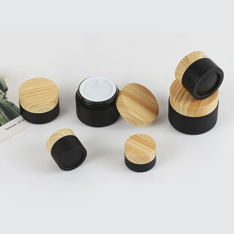Matte black coating face cream jar skincare containers 20g 30g 50g cosmetic packaging cream jars with bamboo grain lid glass jar