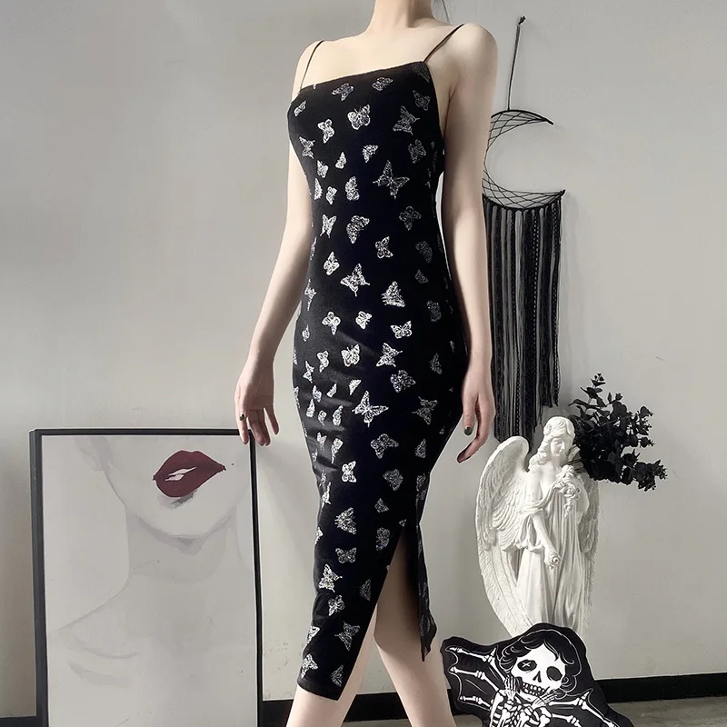 Dark Sexy Butterfly Print Split Cheongsam Little Black Dress Female Gothic Suede Ins Suspender Dress