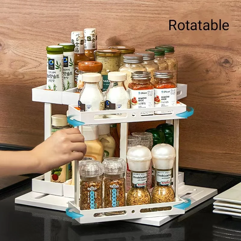 Multifunctional Rotating Shelving Kitchen Under Sink Organizer Pull-out Sliding Seasoning Bottle Rack Storage Desktop Organizer
