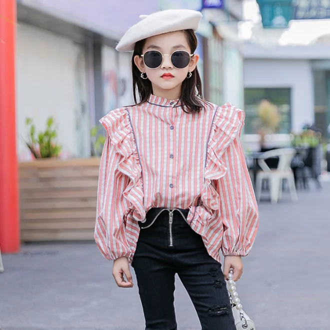 
KS3318 Girls vertical stripe nice shirt long puff sleeve ruffles blouse 