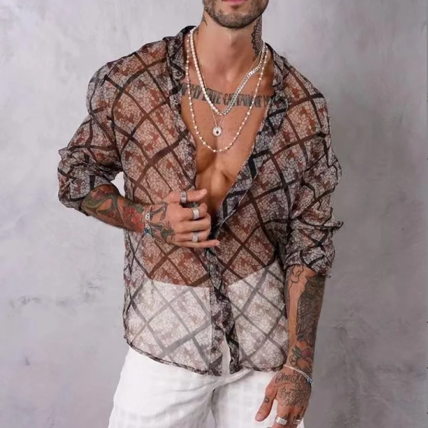 Men Shirt Stand Collar Long Sleeve Streetwear Men Clothing Transparent 2022 Fashion Casual Printing Mesh S-5XL Woven Printed
