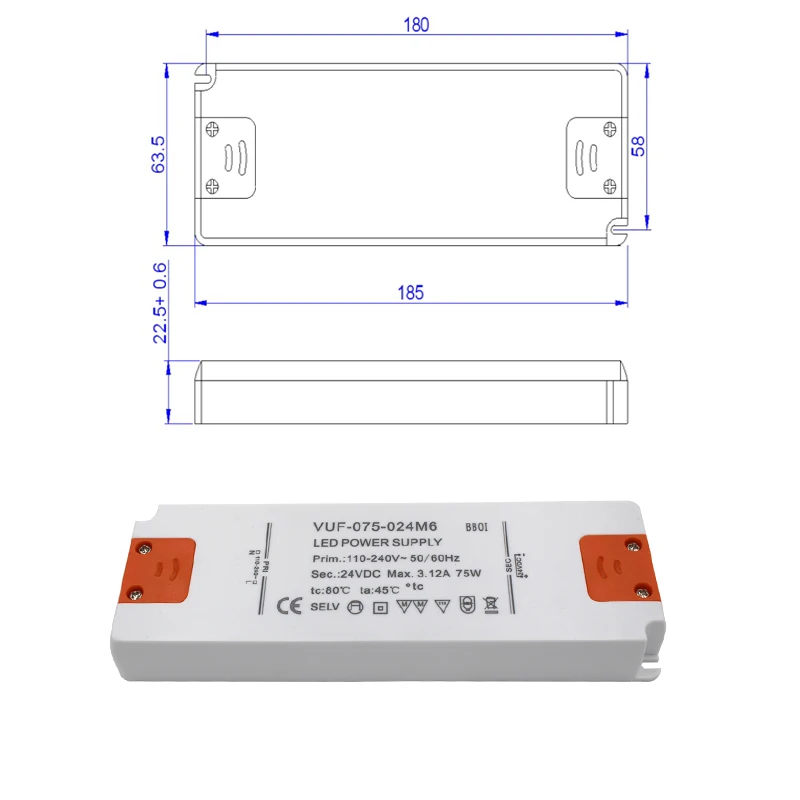 IP20 ultra slim plastic shell power supply ac to dc 6w 12w 20w 30w 48w 60w 75w 100w 12v 24v class 2 LED driver 110v 240v ac