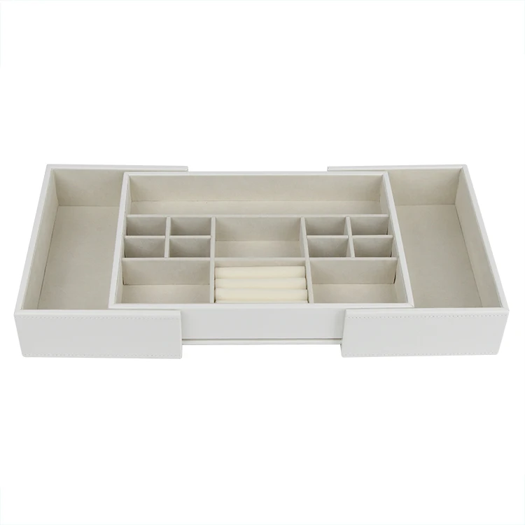White Leather Jewelry Tray Display Without Cover with Pull-out Ends and Many Compartments