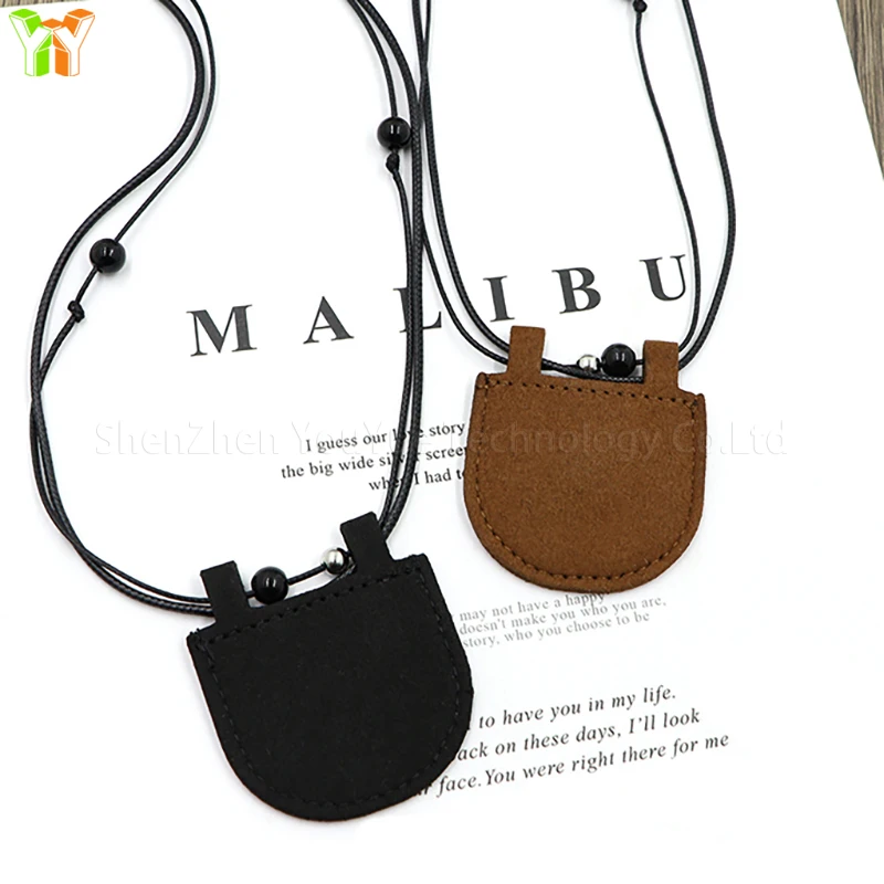 Leather Necklace Mini Crescent Shape Earphone Bag with Hanging Lanyard Necklace with Mini Storage Pouch
