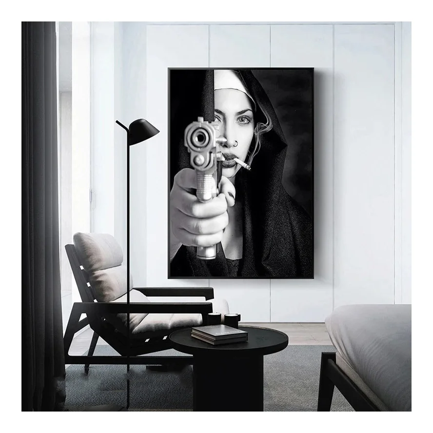 Nordic Home Decor Canvas HD Print Nun with Black and White Figure oil Painting Art Poster Wall Art Mural Hanging