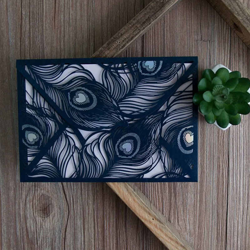 Свадебные приглашения с синим павлином и перьями лазерная вырезка новые стильные недорогие элегантные бумажные открытки Love Europe искусственные 1 цвет