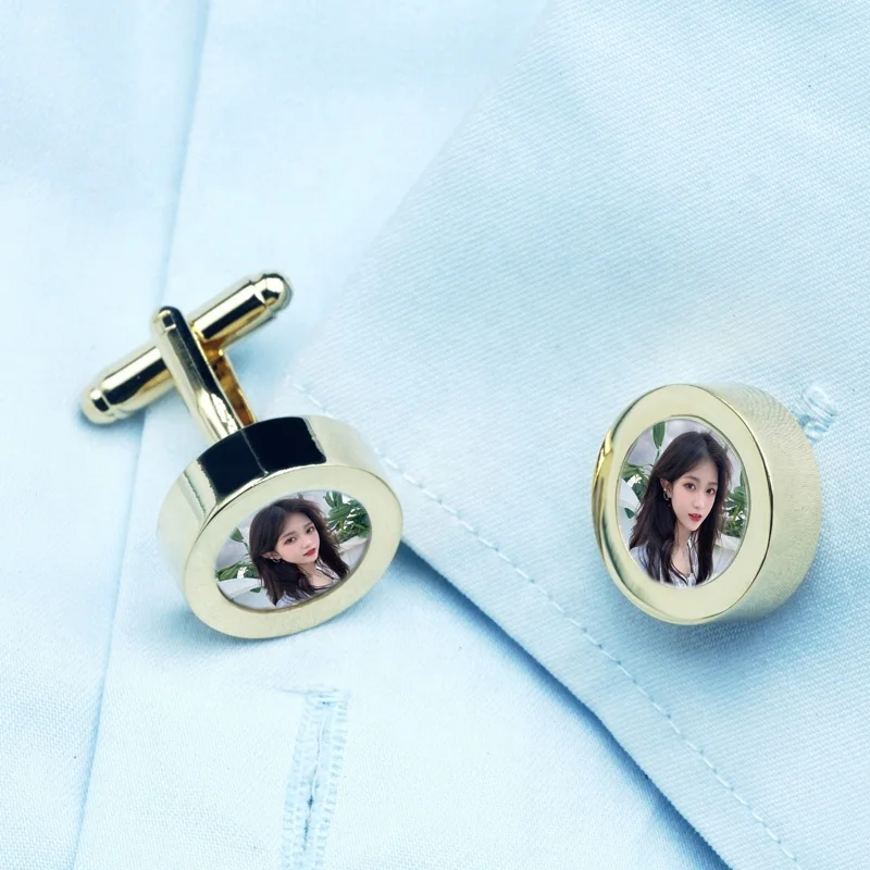 Wholesale High Quality Photo Cufflink Clip Set Gold Plated Custom Logo Man Button Photo Holder Display Cufflink for French Shirt