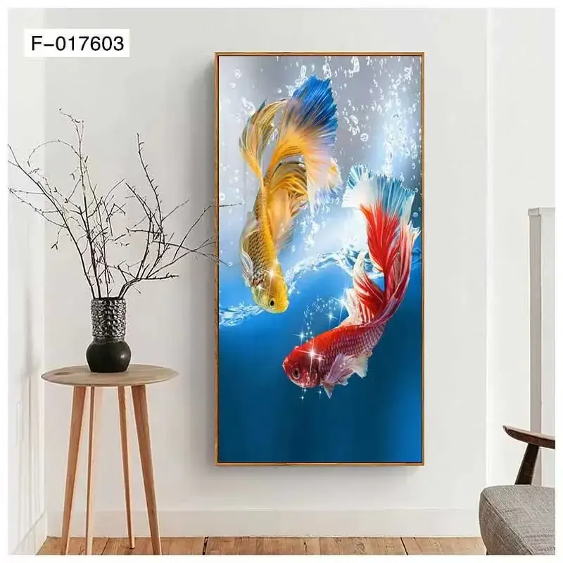 China Manufacture Foyer Atmosphere Two Fish Canvas Animal Crystal Porcelain Decoration Painting